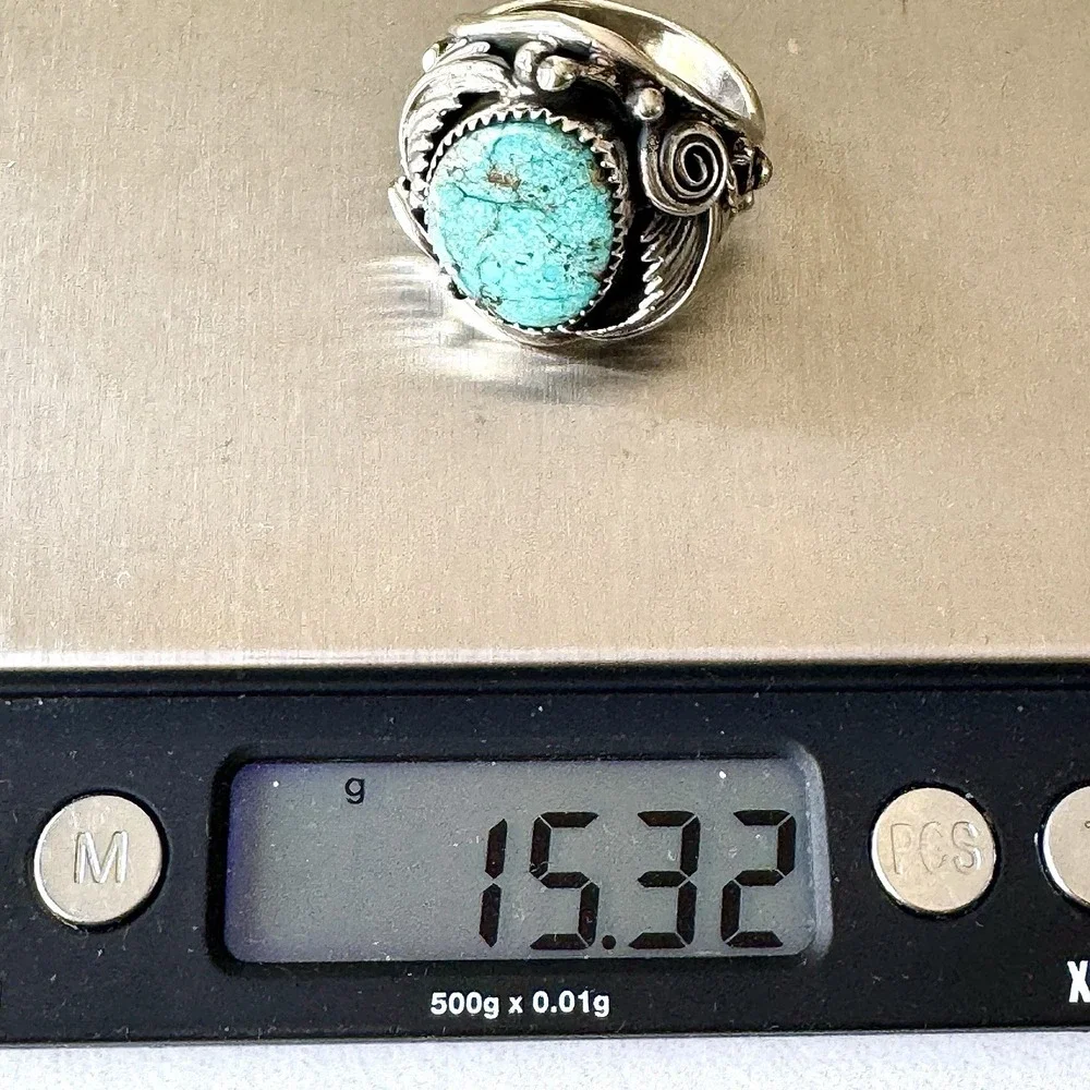 Navajo Turquoise Mens Ring Sz 12 Leaf Feather Signed Morgan Sterling Native